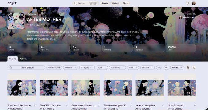 A webpage from "objkt" showing an NFT collection titled "AFTER MOTHER" by "Murli Lulla," featuring digital artwork with stats like 338.33 f Floor price.