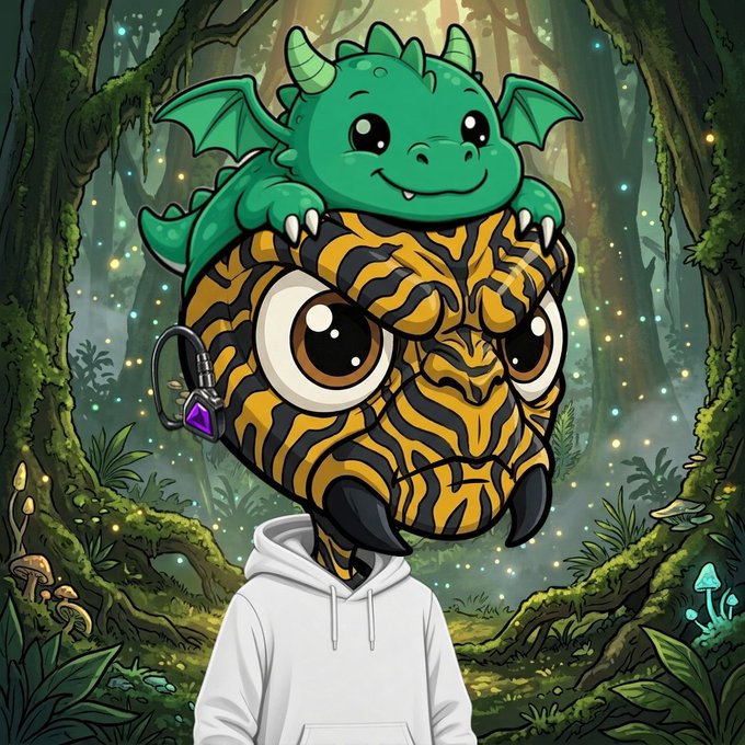 A digital illustration of a character wearing a white hoodie with a large tiger-striped mask, topped with a cute green dragon, set against a mystical forest background with glowing mushrooms.