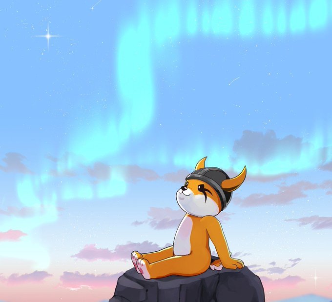 An orange cat-like creature wearing a horned helmet sits peacefully on a rocky cliff, gazing up at swirling auroras and twinkling stars in a pastel sky, embodying the idea that some journeys are guided by destiny written across the heavens.