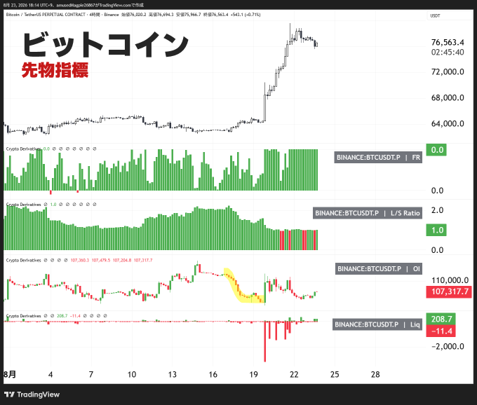 A TradingView chart of Binance BTCUSDT.P perpetual futures (currently at 76,563.40 USDT, +0.71%) shows a strong uptrend with derivatives indicators—FR near 0.0, L/S Ratio around 1.0, OI at 107,317.7, and Liq at 208.7/-11.4—reflecting a healthy rally without overheating signals, though the recent surge suggests the "buy the dip" phase has ended and pullbacks should now be awaited.