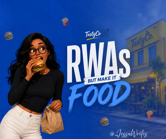 A promotional graphic for 'TastyCo' titled 'RWAs BUT MAKE IT FOOD,' showing an illustrated woman with glasses eating a burger and holding a paper bag, with floating burger and fries graphics on a blue background.