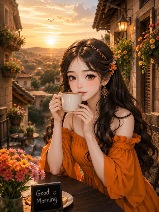 A young woman with long dark hair, adorned with a flower crown, enjoys a cup of coffee on a rustic balcony overlooking a sunset village scene, with a small chalkboard on the table reading "Good Morning ❤️". The warm, inviting image of starting a fresh morning aligns with the post's message of openness and building new connections during the week.