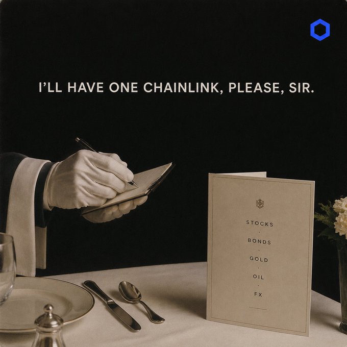 An advertisement for Chainlink showing a waiter taking an order, with text reading 'I'LL HAVE ONE CHAINLINK, PLEASE, SIR,' next to a menu listing 'STOCKS, BONDS, GOLD, OIL, FX.'