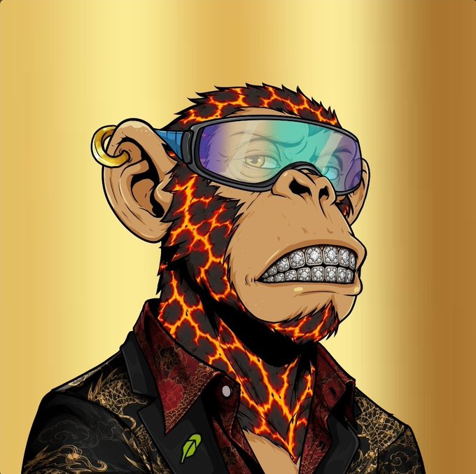 A digital illustration of an anthropomorphic monkey with a lava-textured face and fur, wearing reflective sunglasses, diamond-encrusted grillz, and a dark patterned shirt against a yellow background.