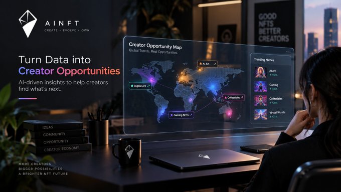 A promotional banner for AINFT featuring the slogan 'Turn Data into Creator Opportunities' with an image of a person viewing a 'Creator Opportunity Map' dashboard.