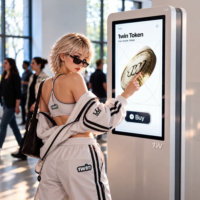 A stylish woman in branded "1win" apparel interacts with a sleek kiosk screen displaying "1win Token" with a large gold 1W coin and a "Buy" button, visually echoing the post's message about making crypto payments as simple as a everyday transaction like buying a burger. The image's clean, user-friendly interface reinforces the caption's emphasis on frictionless, straightforward crypto adoption.