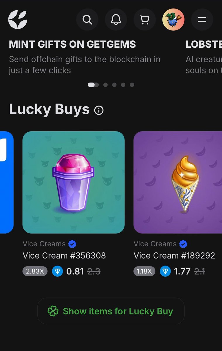 The image shows a cell phone screen displaying a website called "Getgems". The screen has two images of ice cream, one purple and one yellow, along with some text that reads "Lucky Buy" and "Over 20,100 TON saved by Getgems users with Lucky Buy last month Tried your luck yet?". The image also includes a small green button labeled "SHOW ITEMS FOR LUCKY BUDGET".