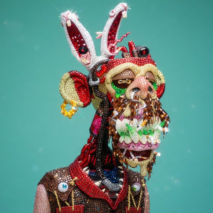 A highly detailed, beaded, and jeweled portrait of a character resembling Wario with rabbit ears against a teal background.