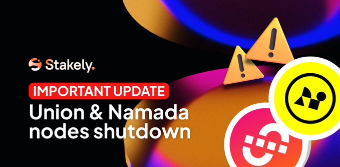 The image features a poster that says "Union & Namada Nodes Shut Down" written in white text against a black background. The poster also includes three different symbols, one yellow triangle with an exclamation mark inside of it, another yellow triangle with a question mark inside of it, and the third yellow triangle with a dollar sign inside of it.
