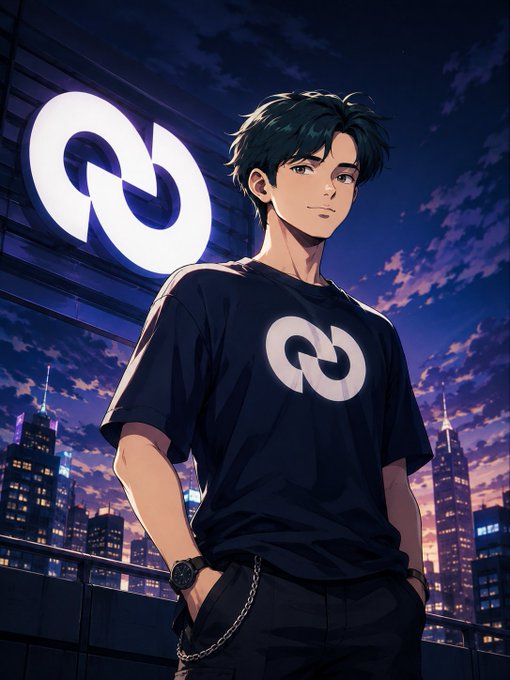 An anime-style illustration of a dark-haired young man wearing a black t-shirt featuring the Axie Infinity logo, standing against a nighttime city skyline.