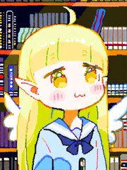 Anime-style illustration of a blonde elf-like girl with pointed ears, large golden eyes, and small wings, wearing a school uniform with a blue bow.