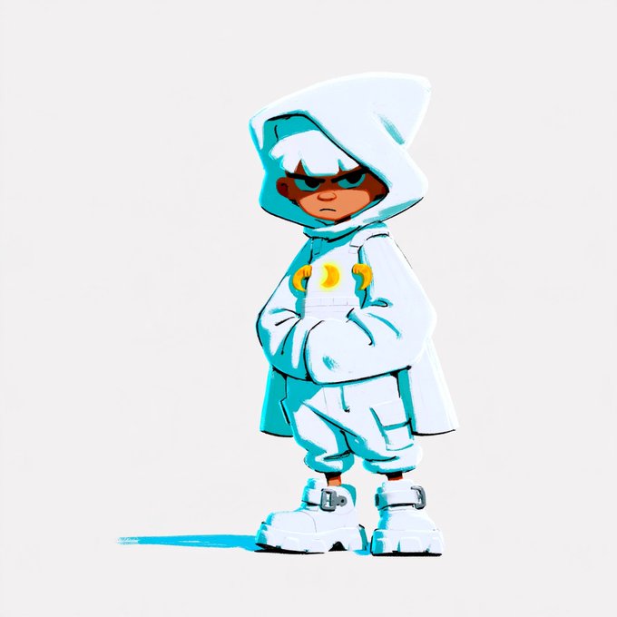 A digital illustration of a stylized cartoon character with dark skin wearing a white and light blue hooded cloak, baggy outfit, and large white sneakers, standing against a plain background.