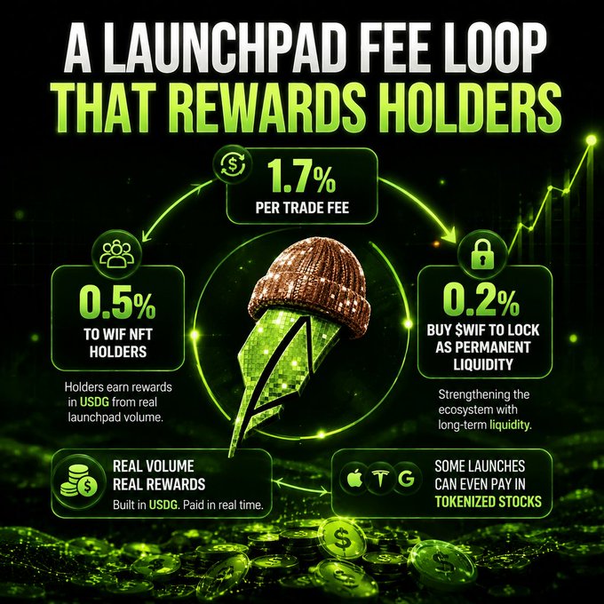 A promotional graphic titled 'A LAUNCHPAD FEE LOOP THAT REWARDS HOLDERS' details fee percentages (1.7% per trade, 0.5% to WIF NFT holders, 0.2% to buy SWIF) for a cryptocurrency ecosystem.