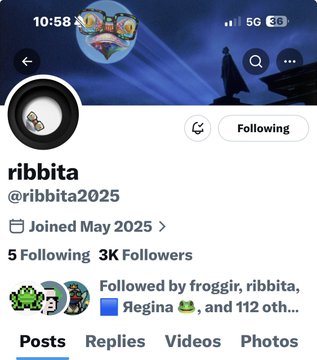 A screenshot of an X (Twitter) profile for 'ribbita' (@ribbita2025) showing it joined in May 2025, has 5 Following, 3K Followers, and is followed by users including froggir and Regina.