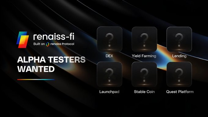 The image features a poster for an Alpha Tester job posted by Renaiss Fi, with six different types of questions displayed on the poster. The poster also includes a list of the jobs available as well as some descriptions of each one.