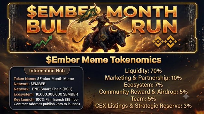 A promotional graphic titled '$EMBER MONTH BULL RUN' details '$Ember Meme Tokenomics' on the BNB Smart Chain, showing a total supply of 10,000,000,000 $EMBER with allocations for Liquidity (70%), Marketing (10%), Ecosystem (7%), Community Reward & Airdrop (5%), Team (5%), and CEX Listings (3%). The image features a warrior riding a bull with a Bitcoin flag.