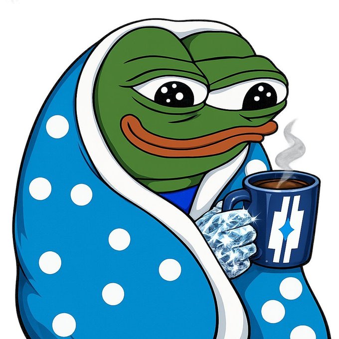 A cartoon image of Pepe the Frog wrapped in a blue and white polka-dot blanket, holding a steaming dark blue mug featuring a stylized 'H' or lightning bolt logo and a sparkling diamond.