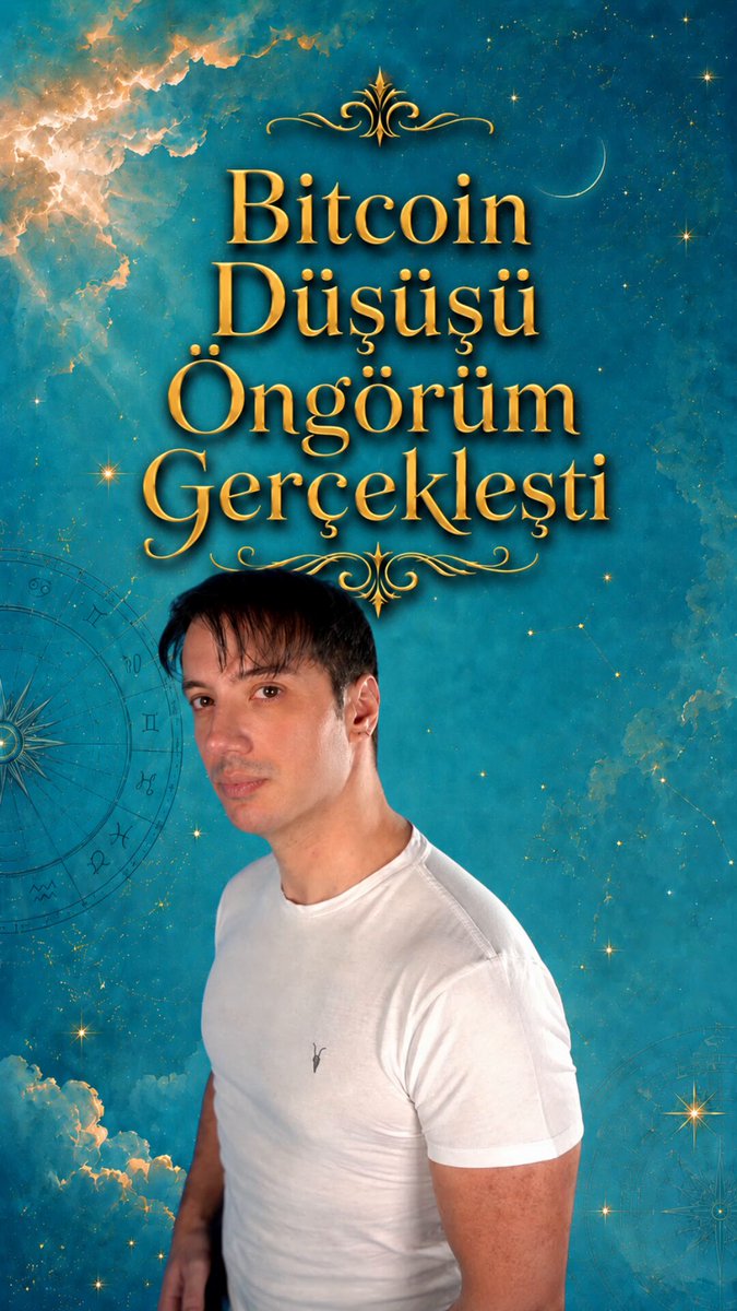 The image features a man wearing a white t-shirt, standing against a blue sky with stars. The background of the image has a gold border that reads "Bitcoin düşüşü öngörüm gerçek oldu". This suggests that the photo is related to Bitcoin or cryptocurrency in some way and possibly features an advertisement for it.