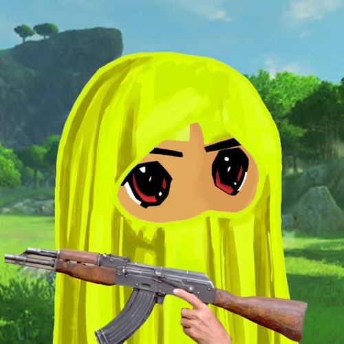 A low-quality digital drawing of a character with long bright yellow hair and large red anime eyes holding an AK-47 rifle, set against a green grassy landscape.