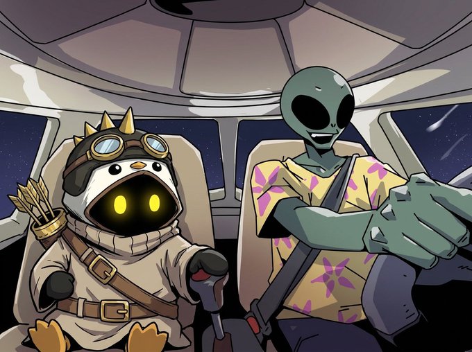 Cartoon illustration of a small character wearing a spiky aviator hood and goggles next to a green alien in a Hawaiian shirt, both seated inside a vehicle looking out into space.