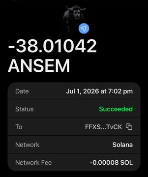 A screenshot of a successful Solana transaction showing -38.01042 $ANSEM sent to FFXS...TvCK on July 1, 2026 at 7:02 pm, illustrating the post's promise of airdropping small bags of $ANSEM tokens to those who dropped their Solana address.