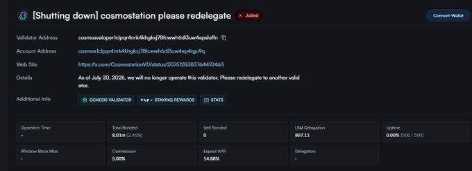 A screenshot of a Cosmos blockchain validator page showing '[Shutting down] cosmosstation please redelegate' marked as Jailed, with validator and account addresses, and details noting operations ceased as of July 30, 2020.