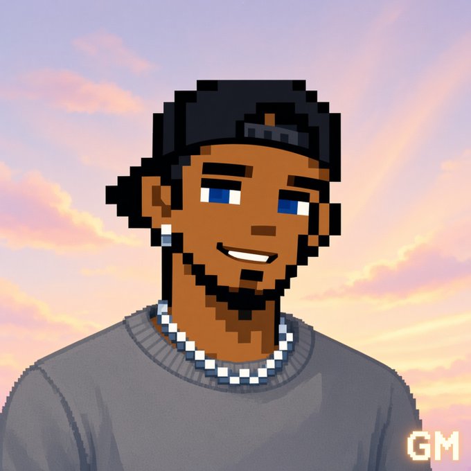 A pixel-art style portrait of a smiling young man with a beard, wearing a backwards cap and silver chain necklace, set against a sunset sky background with 'GM' text in the corner.