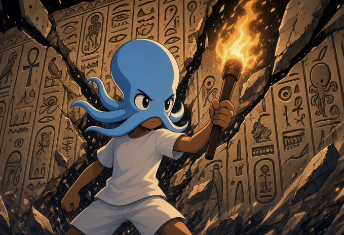 Digital anime-style illustration of a cartoon character wearing an octopus/octopus-like blue head helmet, holding a lit torch while standing before a stone wall covered in Egyptian hieroglyphics.