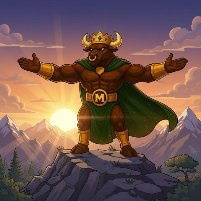 A digital illustration depicts a muscular minotaur wearing a gold crown with 'M' emblem, a green cape, and golden arm bands, standing heroically on a rocky cliff at sunset.