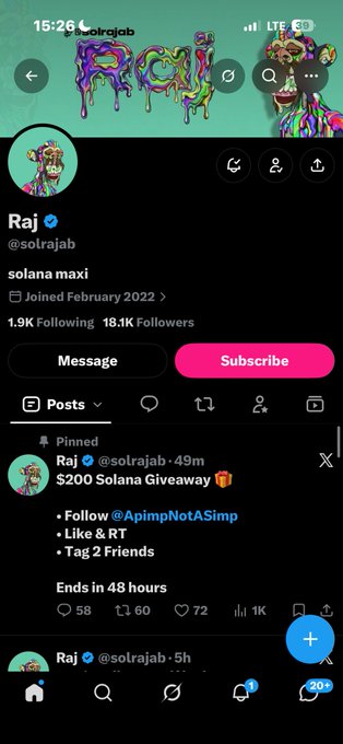 A Twitter profile for Raj (@solrajab), self-described 'solana maxi' with 18.1K followers, featuring a pinned $200 Solana giveaway post requiring follows, likes, and tagging friends.