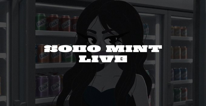 The image features an anime-style woman with long dark hair standing in front of a refrigerated display case stocked with "Bank" soda cans, with bold text reading "SOHO MINT LIVE" overlaid across the center. The graphic appears to be a promotional banner for the SOHO MINT NFT collection, directing viewers to the OpenSea mint page mentioned in the post.