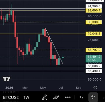 A weekly BTCUSD candlestick chart showing Bitcoin's price action between approximately $55,000 and $95,000 from early 2026 through July, with key support levels marked at $58,609.2 and $55,490.1 — visually supporting the post's view that BTC is "cooking" (accumulating/building) near the $76K zone between support and resistance.