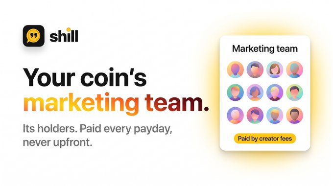A promotional graphic for "shill" markets a service called "Your coin's marketing team," featuring a panel of diverse avatars labeled "Marketing team."