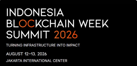 A promotional banner for 'INDONESIA BLOCKCHAIN WEEK SUMMIT 2026' with the tagline 'TURNING INFRASTRUCTURE INTO IMPACT,' scheduled for August 12-13, 2026, at the Jakarta International Center.