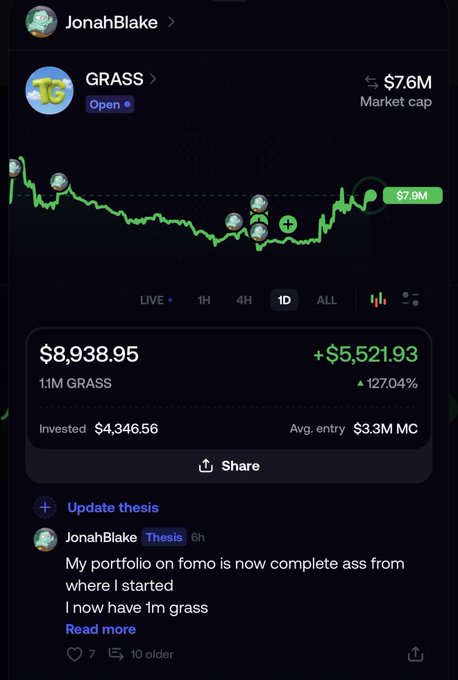 A screenshot from a trading app shows user JonahBlake's portfolio performance on the GRASS token (market cap $7.6M), with a current value of $8,938.95 representing a +127.04% gain (+$5,521.93) on an $4,346.56 investment averaging a $3.3M entry market cap, accompanied by their post about expanding tokenized assets beyond mobile gaming protocols to include TCGs, gold, silver, and other real-world assets (RWA).
