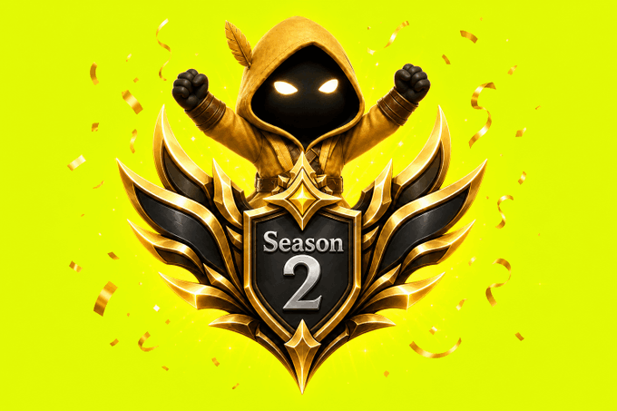 A hooded figure with glowing eyes raises its fists above an ornate golden and black emblem reading "Season 2," set against a bright yellow background with confetti. The image ties directly to the $SHERWOOD airdrop announcement, celebrating the launch of Season 2 and the rewards earned from the first season.