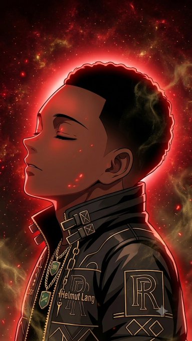 An anime-style illustration of a young man with short hair, closed eyes, and a black leather jacket featuring 'Helmut Lang' branding and an 'R' logo, set against a glowing red cosmic background.