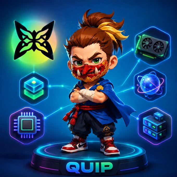 A chibi-style cartoon warrior character wearing a red oni mask and blue gi stands on a circular platform labeled 'QUIP', surrounded by tech-themed icons including a butterfly logo, GPU, atom, chip, and server.