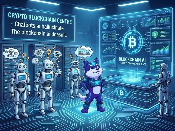 A digital illustration of a 'CRYPTO BLOCKCHAIN CENTRE' showing confused robots with thought bubbles on the left and a confident dog mascot next to a 'BLOCKCHAIN AI' display on the right.