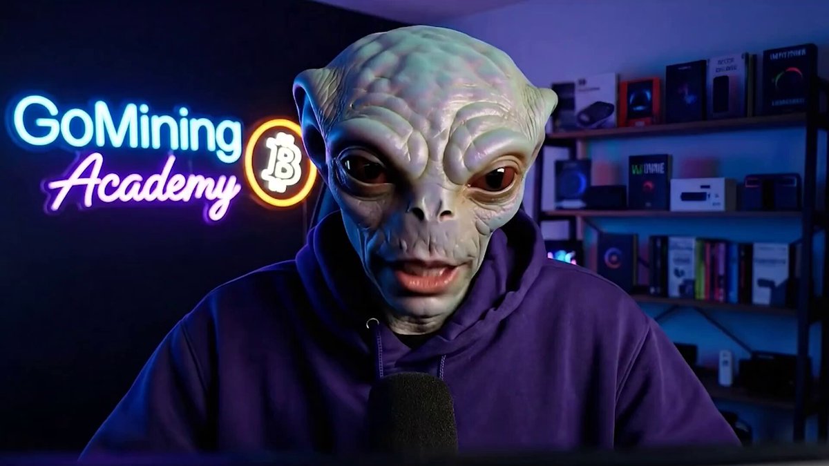 The image features a person wearing an alien mask, sitting at a desk with a computer monitor behind them. The person appears to be engaged in a video call or participating in some sort of online event. The caption for the image reads "Genuinely asking why juggle 5 apps when @GoMining Simple Earn lets me stay liquid?". This phrase is likely a reference to Bitcoin mining, which involves solving complex mathematical problems and using powerful computers to mine Bitcoins.