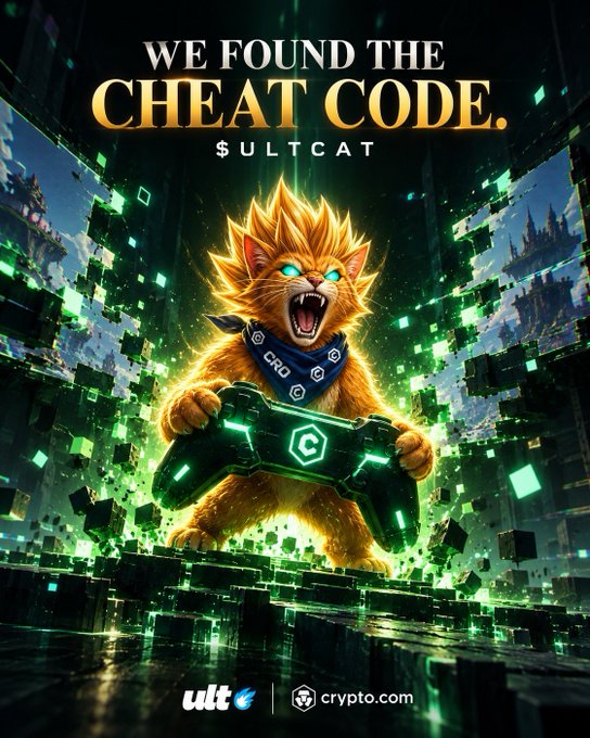 A promotional graphic reading 'WE FOUND THE CHEAT CODE. $ULTCAT' featuring an illustrated roaring orange cat with spiky hair holding a glowing green controller, branded with 'ult' and 'crypto.com' logos at the bottom.