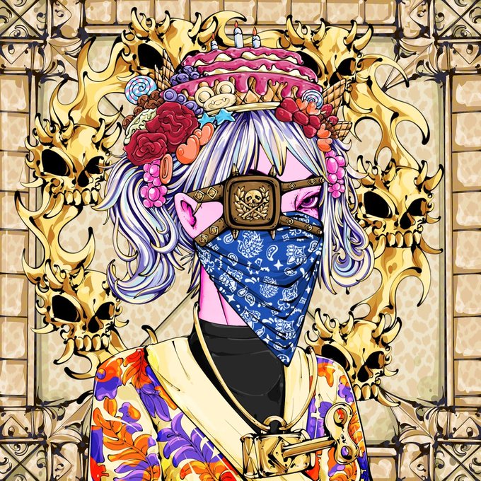 An illustrated character with pink hair wearing an eyepatch, a blue bandana mask with skull patterns, a birthday cake hat, and a Hawaiian shirt, surrounded by golden skull designs.