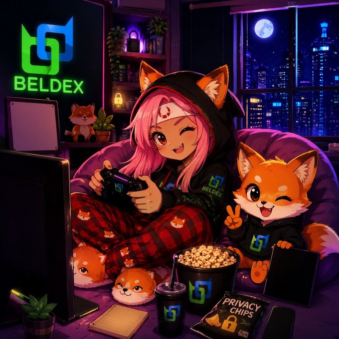 An anime-style illustration featuring a pink-haired fox-girl character playing video games alongside an anthropomorphic fox wearing a 'BELDEX' hoodie, with the BELDEX logo displayed prominently.