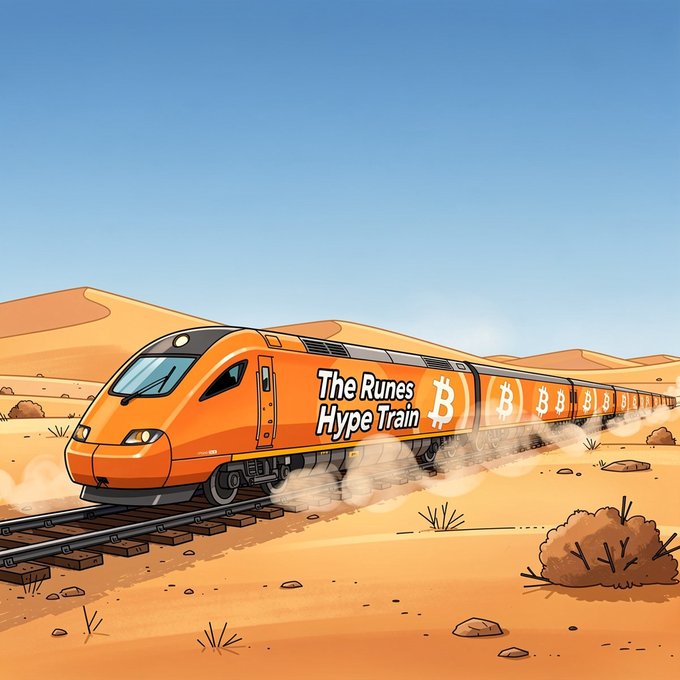 A cartoon illustration of an orange high-speed train traveling through a desert landscape, labeled "The Runes Hype Train" with Bitcoin symbols on the side cars.