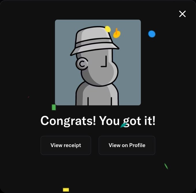 A dark-themed digital celebration screen displays a cartoon gray figure wearing a bucket hat with the bold text "Congrats! You got it!" and buttons for "View receipt" and "View on Profile." The image serves as a confirmation notification celebrating the user's acquisition of "NPC No9," matching the post's enthusiastic tone about scoring another NFT collectible.