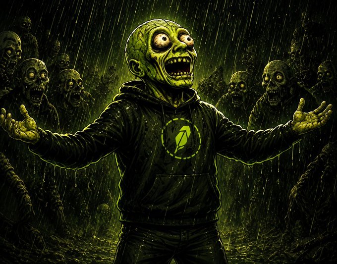 A horror-style illustration depicting a green, decaying zombie with a wide, screaming mouth wearing a hoodie, surrounded by a horde of similar undead figures in a rainy, dark environment.