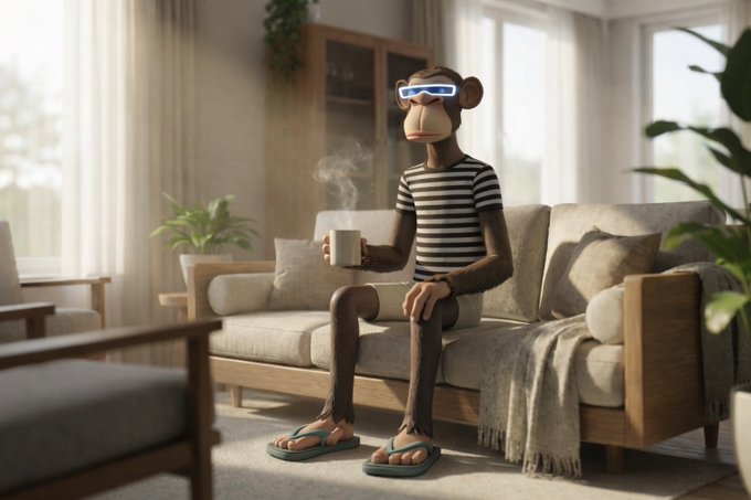 A 3D-rendered monkey wearing a striped shirt, blue flip-flops, and futuristic sunglasses, sitting on a beige sofa and holding a steaming mug.