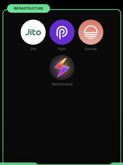 A dark interface showing an 'INFRASTRUCTURE' category with app icons for Jito, Pyth, Sunrise, and Switchboard.