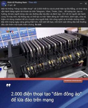The image displays a screenshot of a Vietnamese social media post by "Phung Hưng Nam" discussing a scam involving 2,000 fake accounts and 178 computers, accompanied by a photo of server hardware and a blue banner stating "2,000 phones at the 'fake gathering' to scam online."