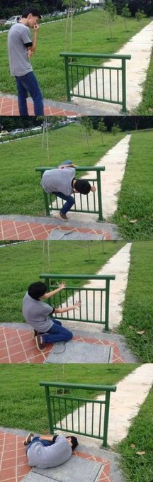 A four-panel meme showing a man's failed attempts to climb through a small gate, eventually giving up and lying on the ground in frustration.